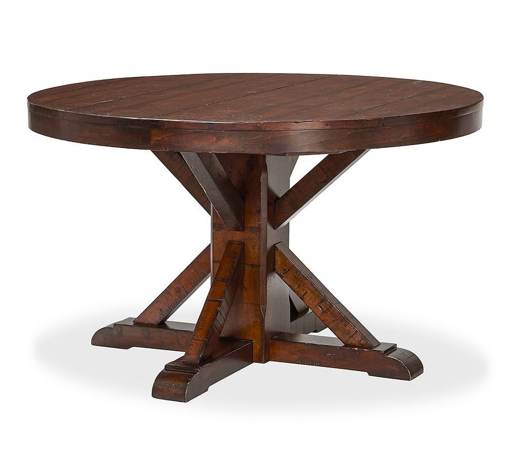 Recent Benchwright Fixed Round Pedestal, Rustic Mahogany Stain With Regard To Rustic Mahogany Benchwright Pedestal Extending Dining Tables (View 2 of 25)