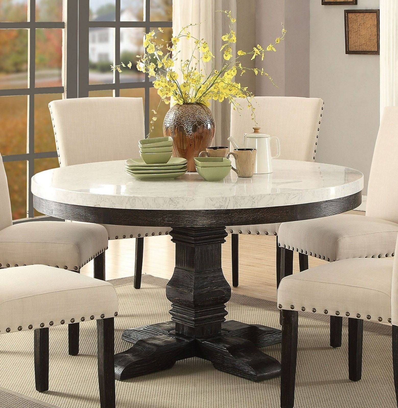 7pc Lucia White Marble Top Weathered Black Wood Round Pedestal Dining Table  Set Pertaining To Best And Newest Dining Tables With White Marble Top (Photo 1 of 25)