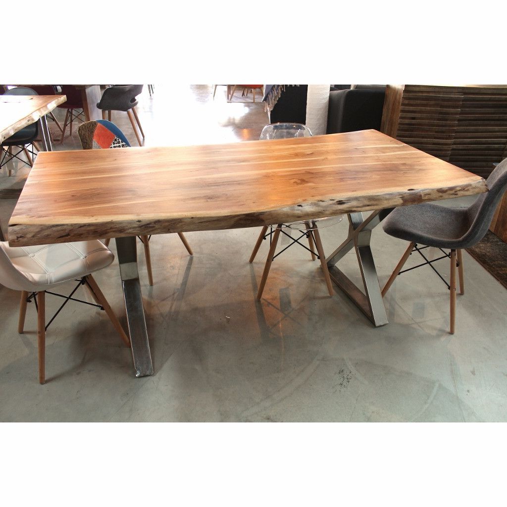 Acacia Dining Tables With Black X Leg For Famous Acacia Live Edge Wood Table With Crossed Chrome Legs – Wazo (Photo 4 of 25)