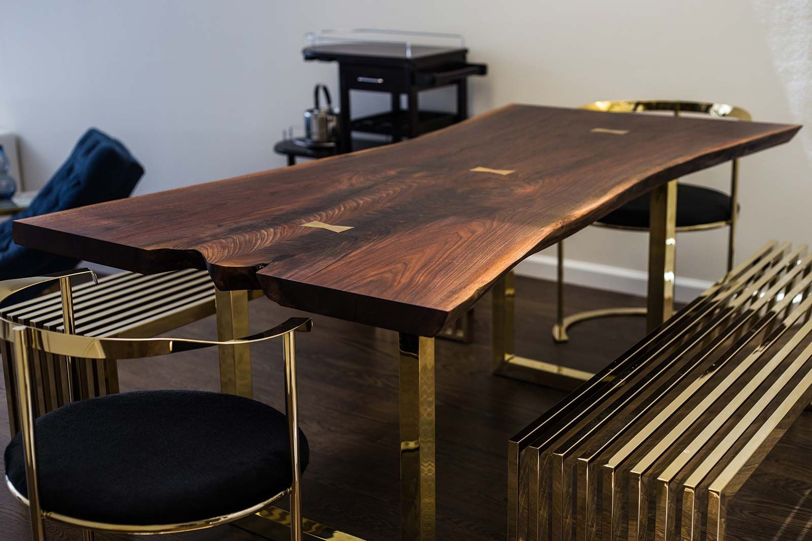 Black Walnut Dining Table With Brass Bowties Live Edge Wood Pertaining To Trendy Walnut Finish Live Edge Wood Contemporary Dining Tables (View 3 of 25)