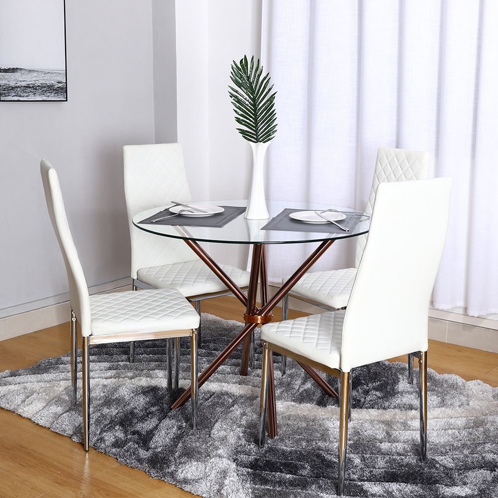 Favorite 4 Seater Round Wooden Dining Tables With Chrome Legs Regarding Details About Modern 90cm Round Tempered Glass Dining Table With 4 Chrome  Legs Cafe Bar Tables (Photo 16 of 25)