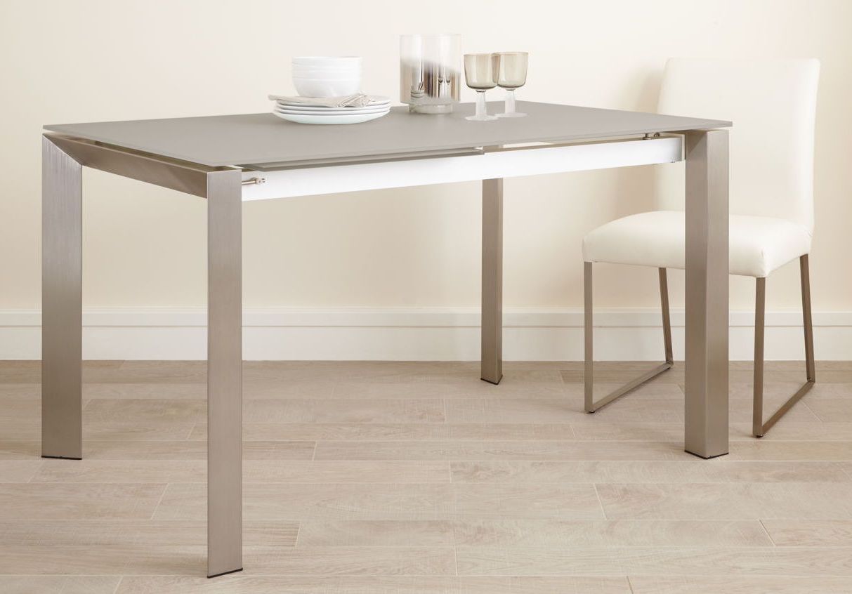 Frosted Glass Modern Dining Tables With Grey Finish Metal Tapered Legs Within Well Liked Eve Frosted Glass Extending Dining Table In Grey And Brushed (View 1 of 25)