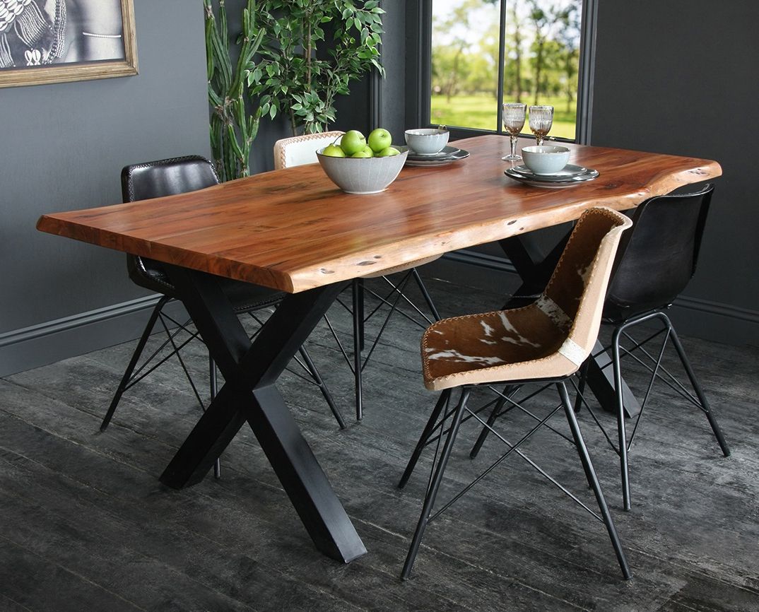 Most Recently Released Acacia Dining Tables With Black Legs In Acacia Dining Table With Natural Edge And Black Metal Cross Leg Base (View 18 of 25)