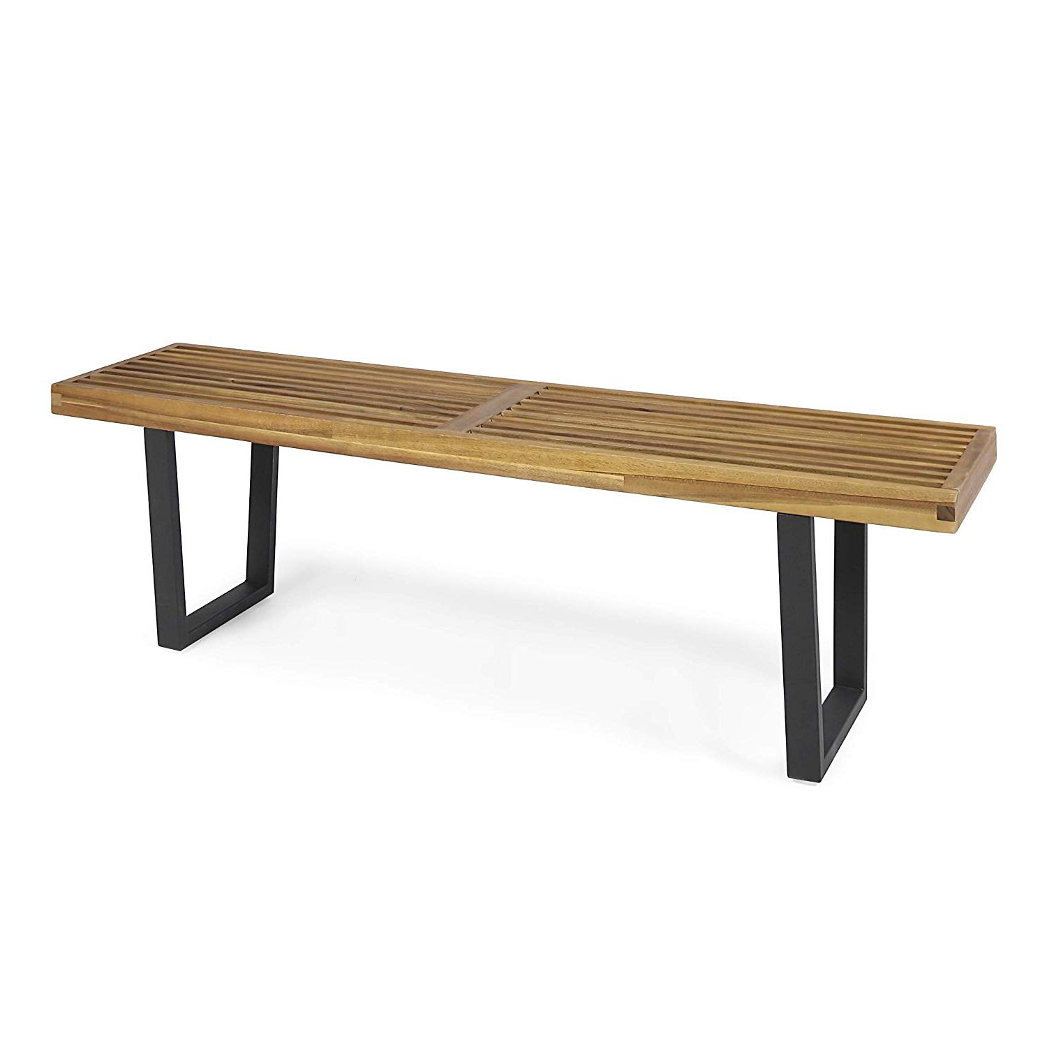 Most Recently Released Acacia Dining Tables With Black X Legs Throughout Christopher Knight Home Joa Patio Dining Bench, Acacia Wood With Iron Legs,  Modern, Contemporary, Teak Finish, Black (Photo 20 of 25)