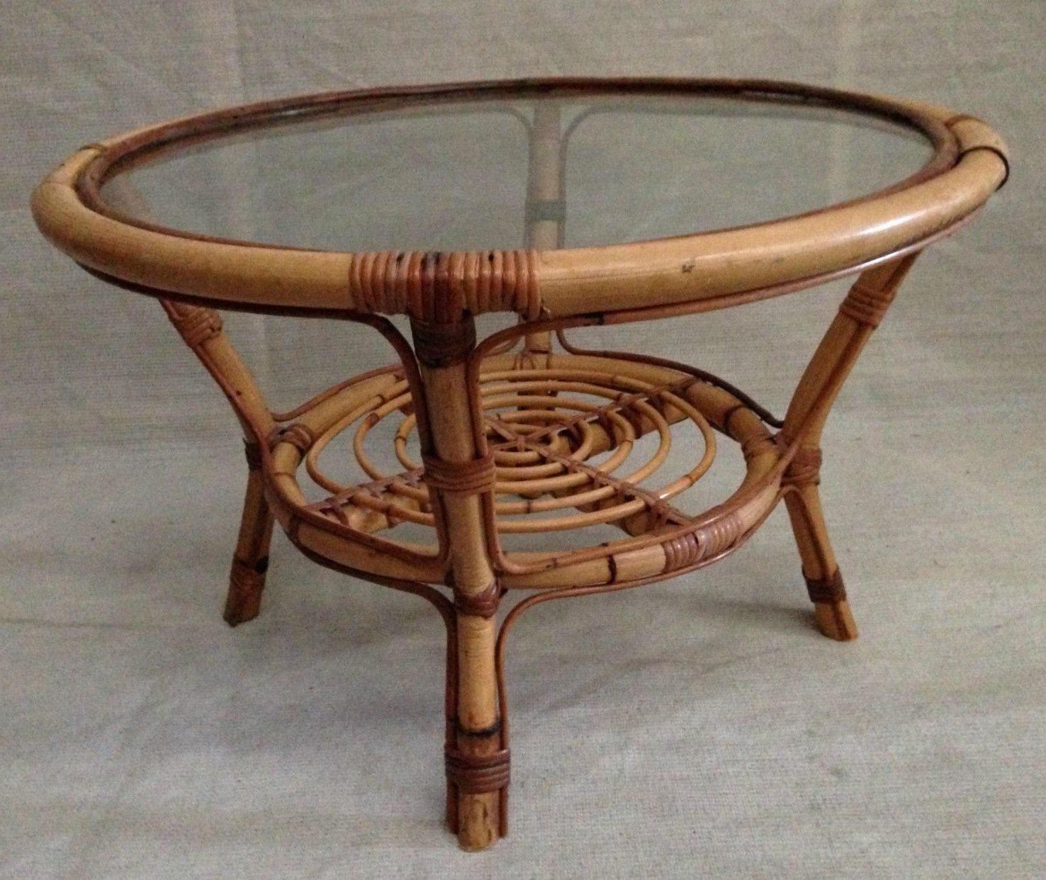 Most Recently Released Vintage Round Cane & Glass Coffee Table Woven Wicker Rattan In Retro Round Glasstop Dining Tables (Photo 22 of 25)