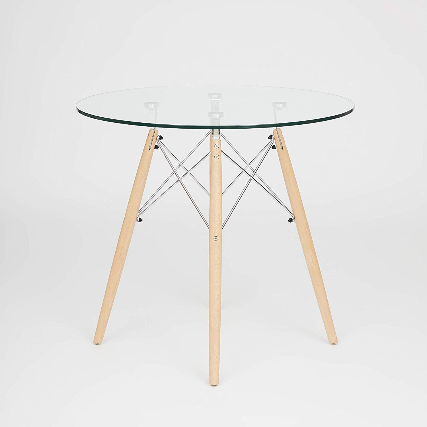 Ochs Dsw Style Dining Round Table Glass Top With Natural Intended For Well Liked Eames Style Dining Tables With Chromed Leg And Tempered Glass Top (View 6 of 25)