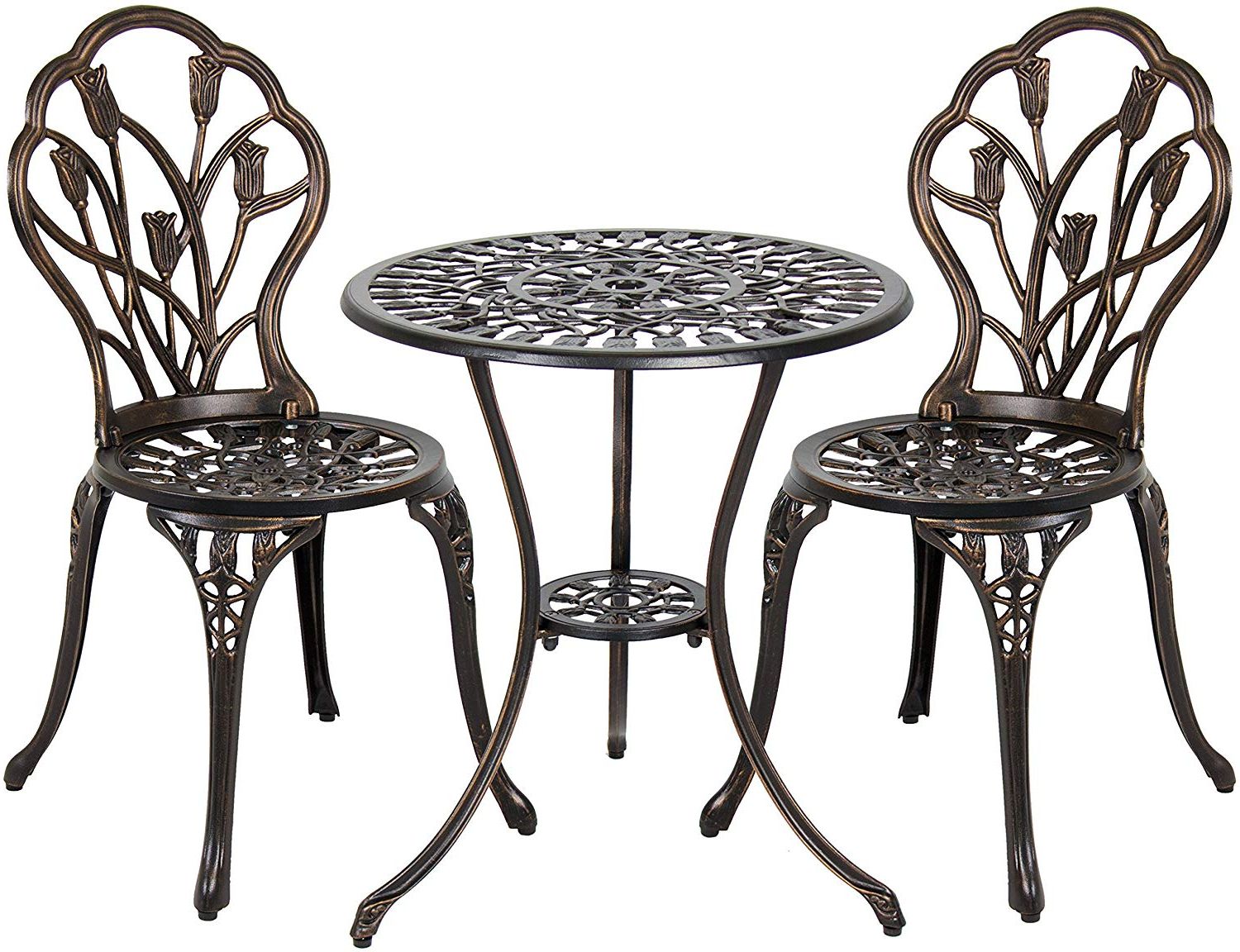 Popular Best Choice Products 3 Piece Cast Aluminum Patio Bistro Set, Outdoor  Furniture W/ Tulip Design, Antique Copper Finish, Rust Resistant For Black Top  Large Dining Tables With Metal Base Copper Finish (Photo 20 of 25)