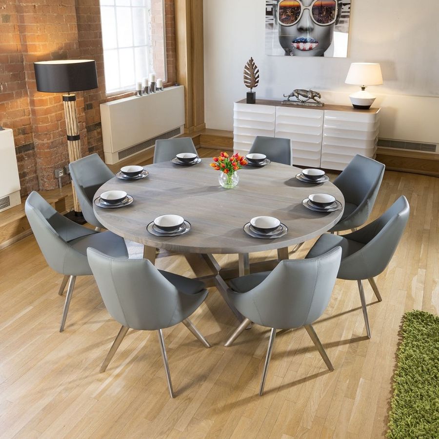 Popular Large Round 1.8 Grey Oak Dining Table +8 Medium Grey Modern Pu Chairs Pertaining To Medium Dining Tables (Photo 20 of 25)