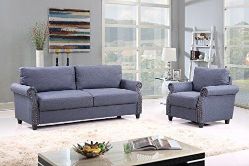 2pc Polyfiber Sectional Sofas With Nailhead Trims Gray Pertaining To Most Popular 2 Piece Classic Linen Fabric Living Room Sofa And Armchair (View 13 of 25)