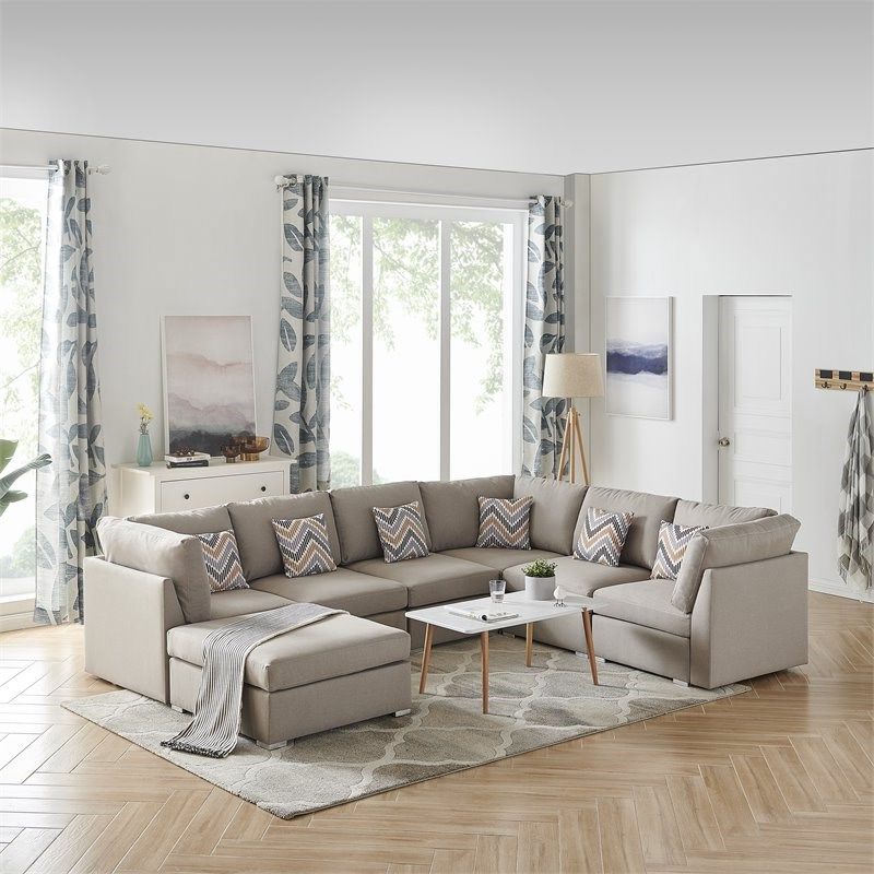 Amira Beige Fabric Reversible Modular Sectional Sofa With For Newest Clifton Reversible Sectional Sofas With Pillows (Photo 21 of 25)