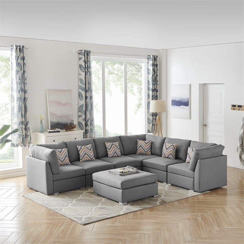 Amira Gray Fabric Reversible Modular Sectional Sofa With With Regard To Newest Clifton Reversible Sectional Sofas With Pillows (View 18 of 25)