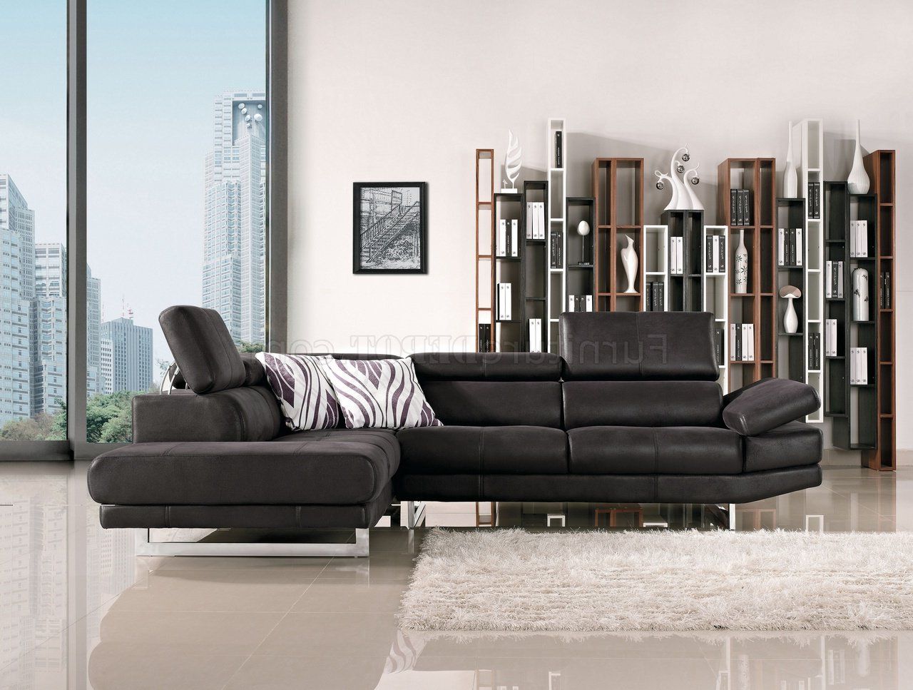 Black Fabric Modern Sectional Sofa W/adjustable Headrest Within Most Popular Wynne Contemporary Sectional Sofas Black (View 2 of 25)