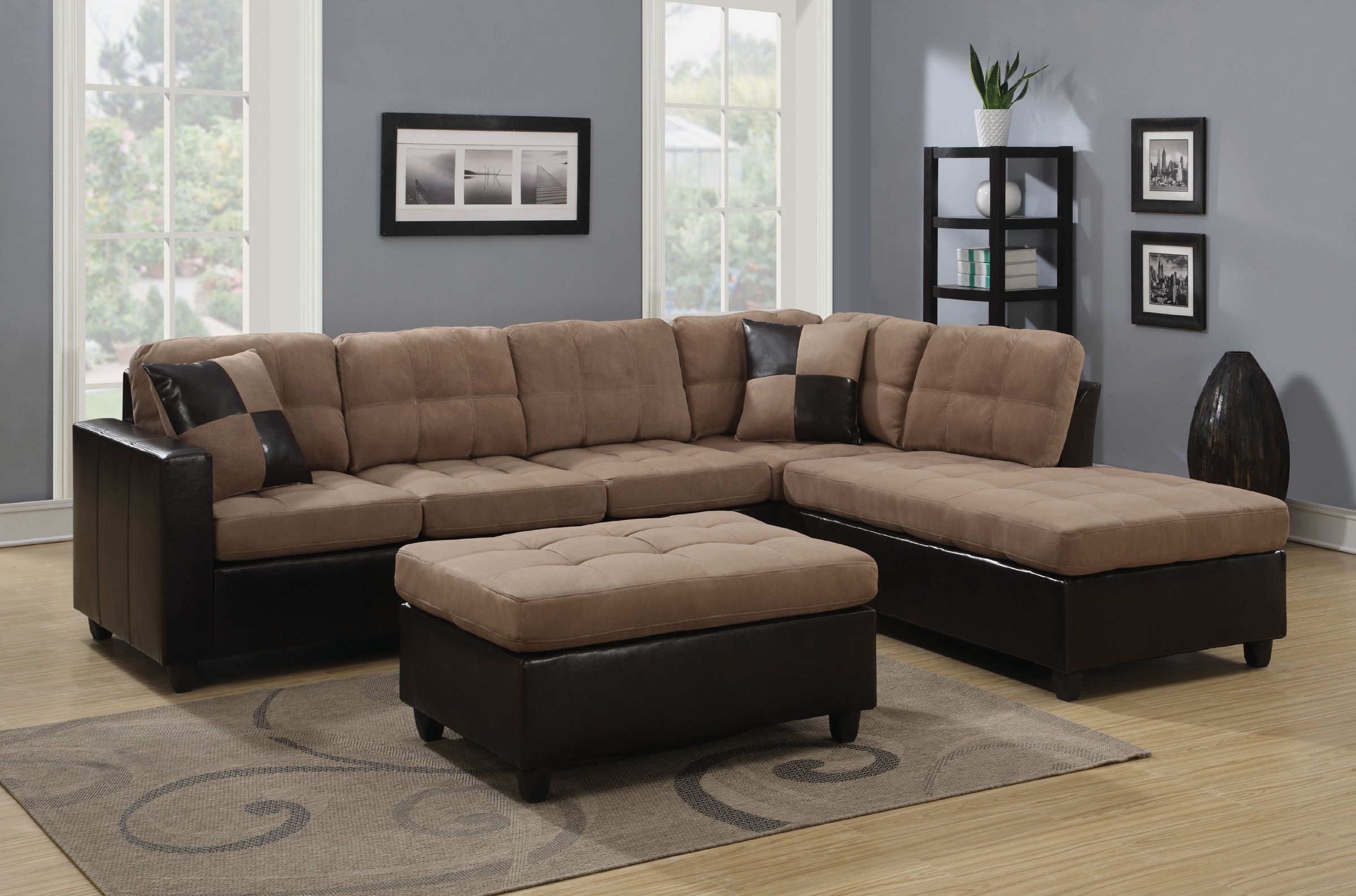 Reversible Tan Microfiber Sectional Sofa With Chaise Set Intended For Preferred Clifton Reversible Sectional Sofas With Pillows (View 4 of 25)