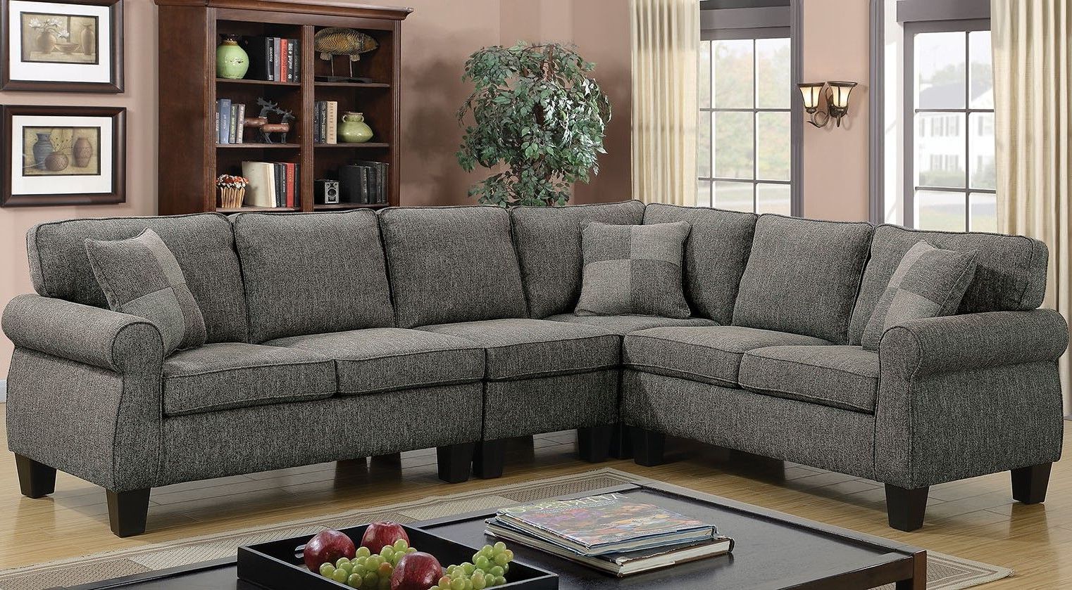 Rhian Transitional Sectional Sofa W/ Pillows In Dark Gray With Recent Sectional Sofas In Gray (View 5 of 25)