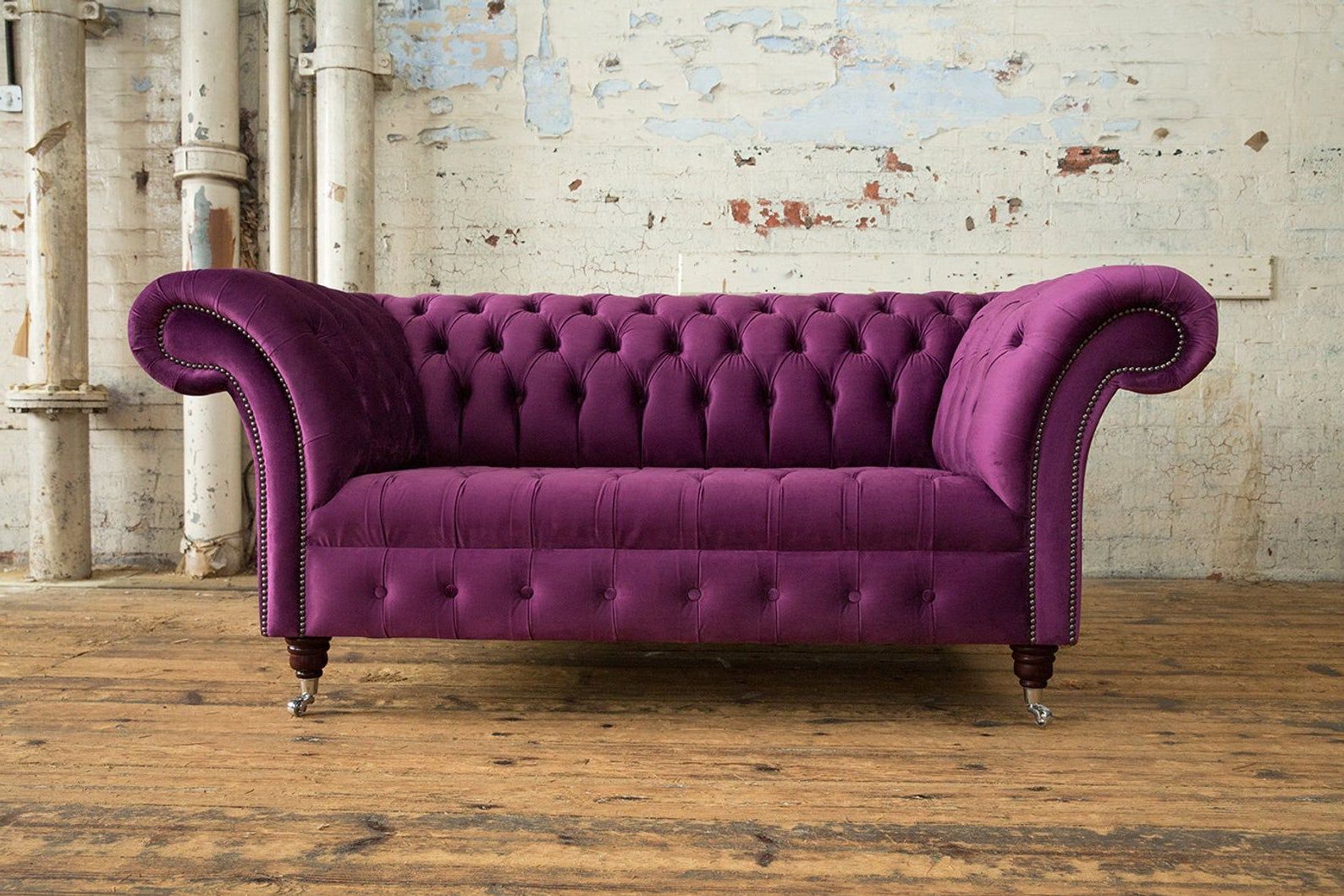 Scarlett Blue Sofas Regarding Most Recent British Handmade Grape Purple Velvet 2 Seater Chesterfield (View 6 of 15)
