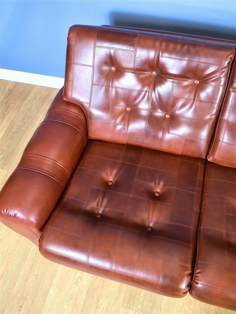 Vintage 3 Seater Sofa In Cognac Brown Faux Leather Danish Throughout Current Florence Mid Century Modern Right Sectional Sofas Cognac Tan (View 11 of 25)