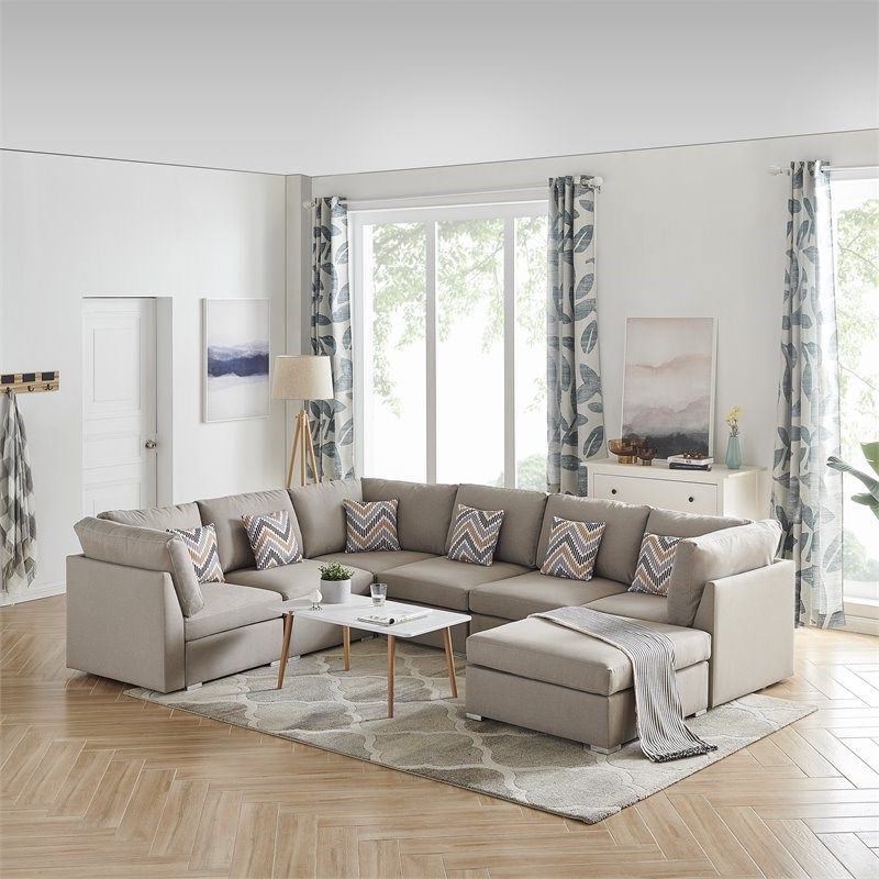 Well Liked Amira Beige Fabric Reversible Modular Sectional Sofa With With Regard To Clifton Reversible Sectional Sofas With Pillows (View 16 of 25)