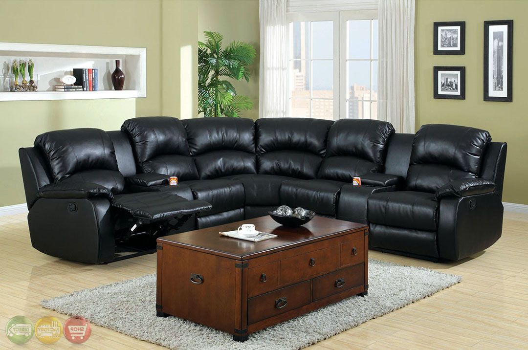Wynne Contemporary Sectional Sofas Black Pertaining To Trendy Aberdeen Black Bonded Leather Sectional Sofa Set W/cup Holders (Photo 12 of 25)