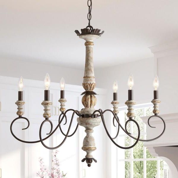 2019 French White 27 Inch Six Light Chandeliers Pertaining To Lnc 6 Light Antique White Wood French Country Farmhouse (View 2 of 15)
