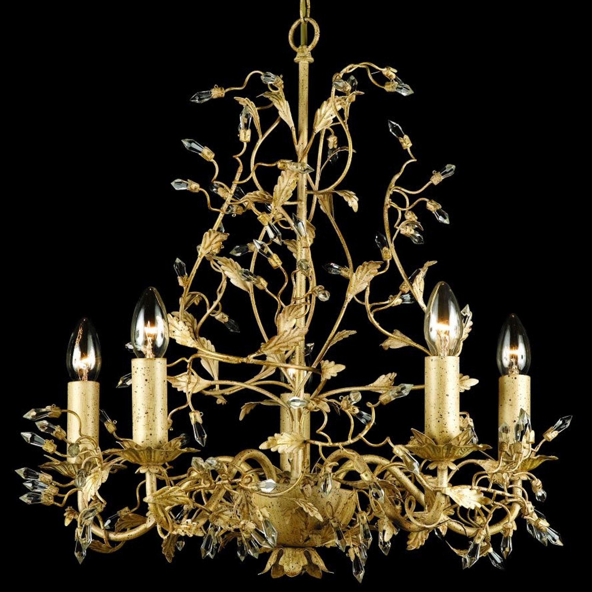 2020 Italiano Cream Gold Leaf And Crystal 5 Light Chandelier Throughout Antique Gold 18 Inch Four Light Chandeliers (View 9 of 15)