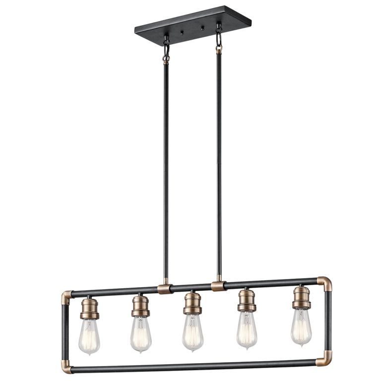5 Light Linear Chandelier In Black And Natural Brass Regarding Favorite Natural Brass 19 Inch Eight Light Chandeliers (View 1 of 15)