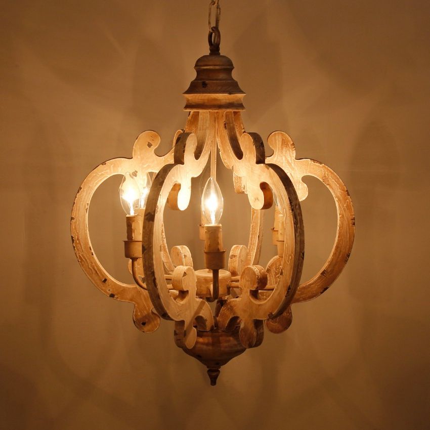 6 Light Wooden Chandelier, Antique White – Whoselamp Pertaining To Trendy Six Light Chandeliers (View 12 of 15)