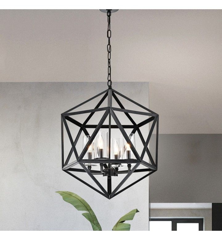 Black Iron Eight Light Minimalist Chandeliers For Well Known 4 Light Geometric Iron Antique Black Glass Shade Cage (View 14 of 15)