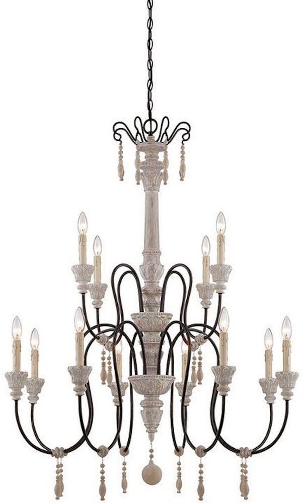 French Washed Oak And Distressed White Wood Six Light Chandeliers Regarding Popular Details About 47" French Iron & White Wood Chateau  (View 8 of 15)