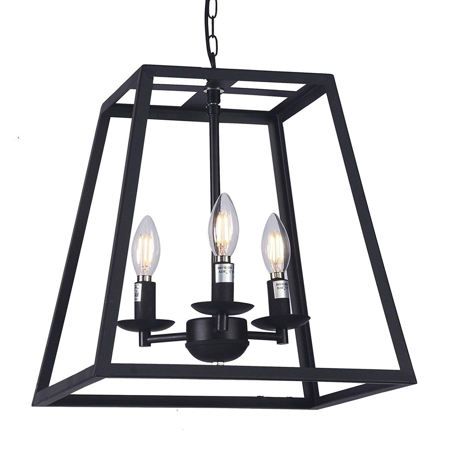 Matte Black Three Light Chandeliers In Preferred Wideskall 14" Modern Black Metal Iron Frame Square Cage (View 2 of 15)