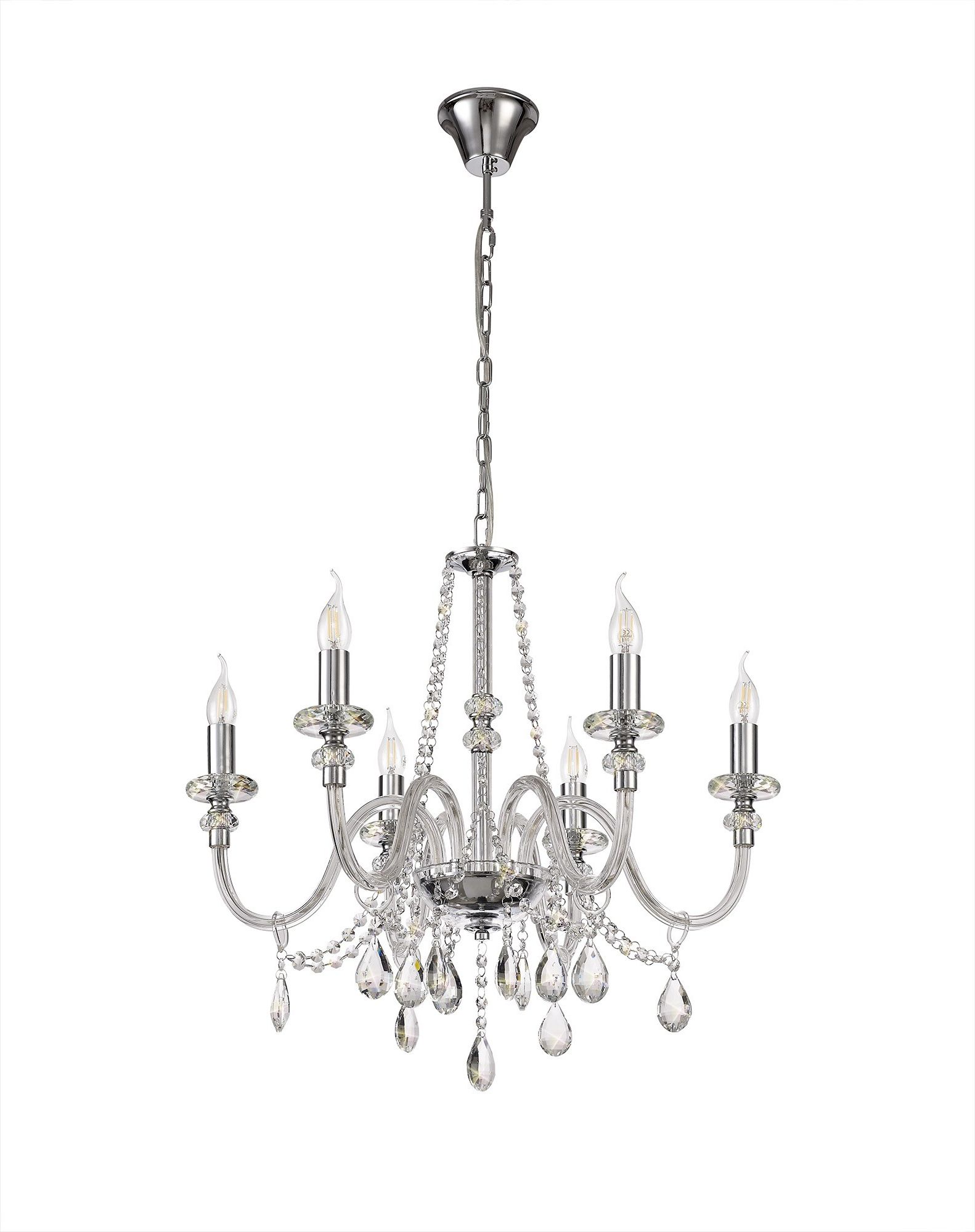 Most Popular Polished Chrome Three Light Chandeliers With Clear Crystal Intended For Gastro Chandelier Pendant, 6 Light E14, Polished Chrome (View 14 of 15)