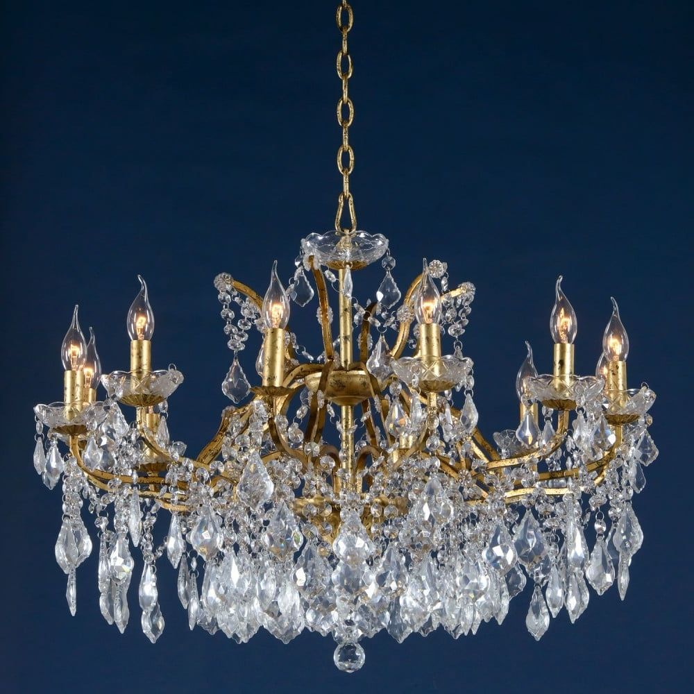 Most Recently Released Antique Gold 18 Inch Four Light Chandeliers Throughout Antique Gold & Clear Crystal Glass 12 Light Chandelier (View 13 of 15)