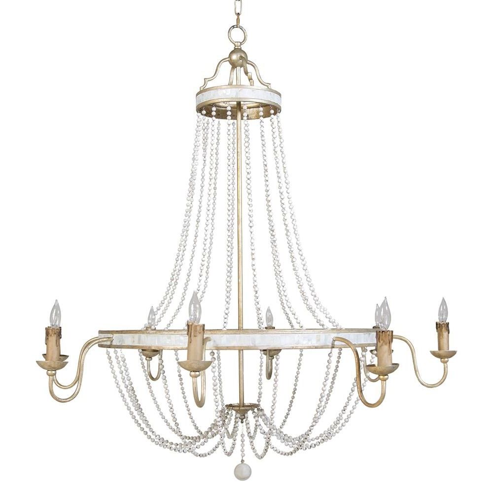 Most Recently Released White And Weathered White Bead Three Light Chandeliers In Cindy Coastal Beach Gold Silver White Wood Bead Empire (View 10 of 15)