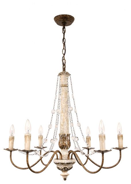 Most Up To Date French White 27 Inch Six Light Chandeliers For Colette French Country Antique White Wood W/ Gold Accent (View 11 of 15)