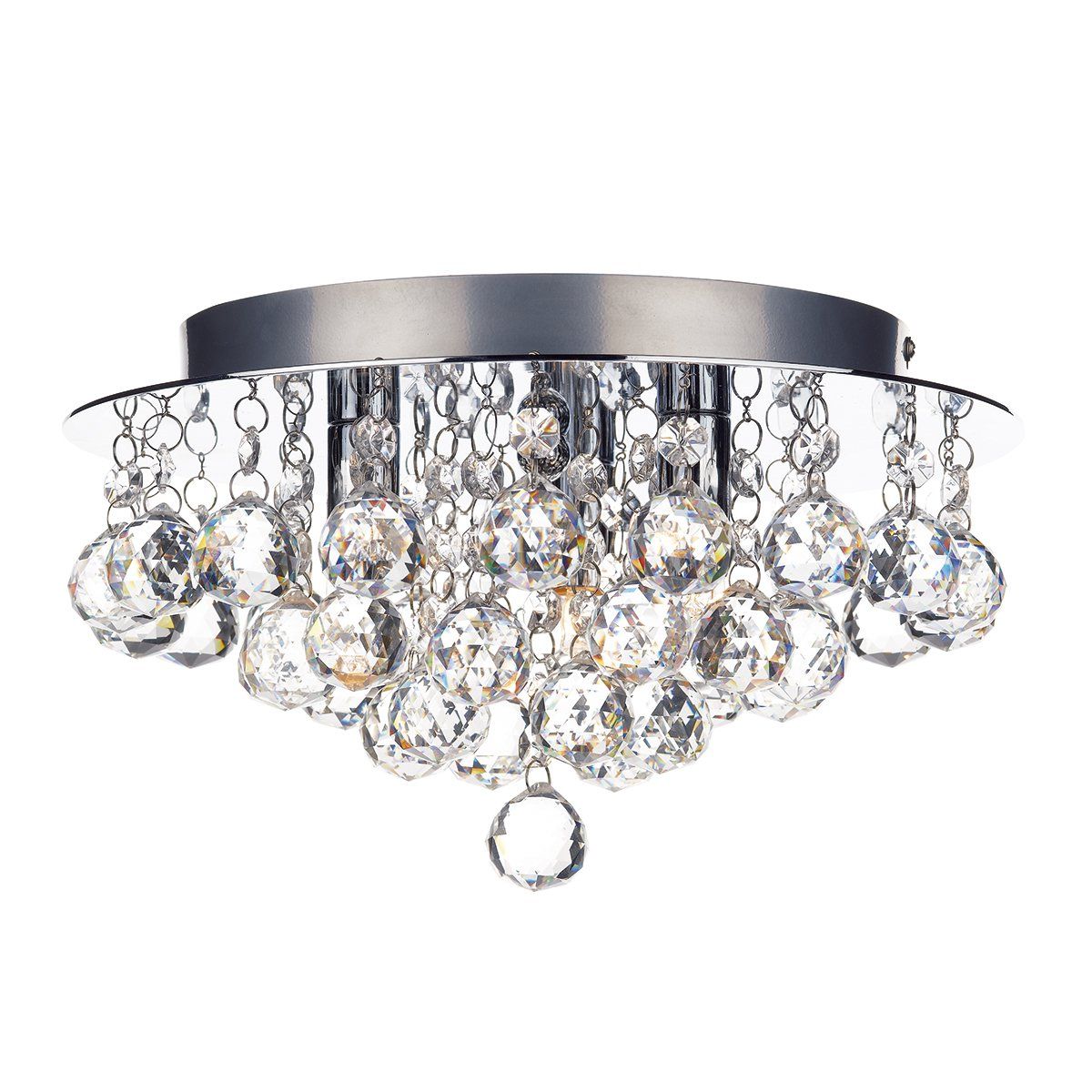 Polished Chrome Three Light Chandeliers With Clear Crystal Within Most Recently Released Dar Plu5250  Pluto 3Lt Flush, Clear Faceted Crystal (View 11 of 15)