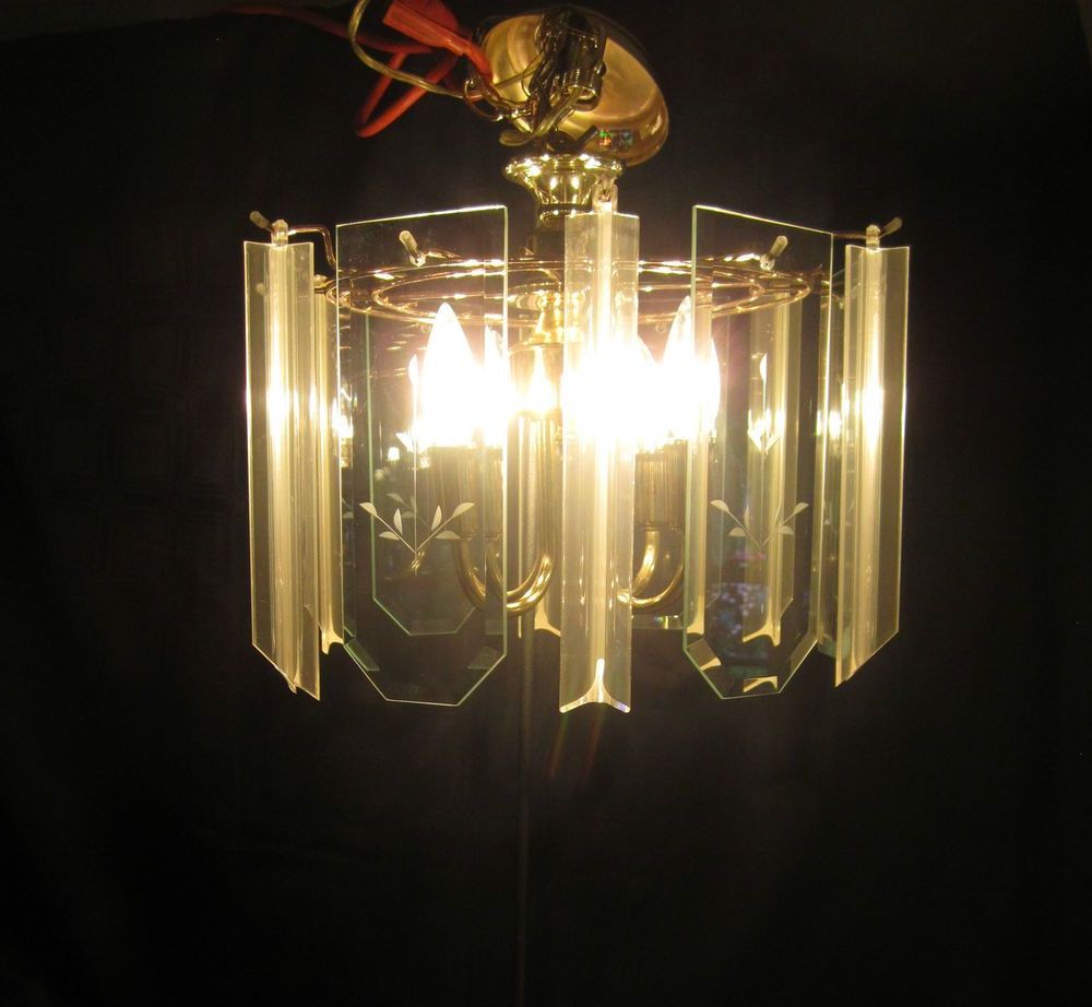 Vintage Chandelier Lucite Crystals Glass 4 Light Hanging Within Widely Used Antique Gold Three Light Chandeliers (View 9 of 15)