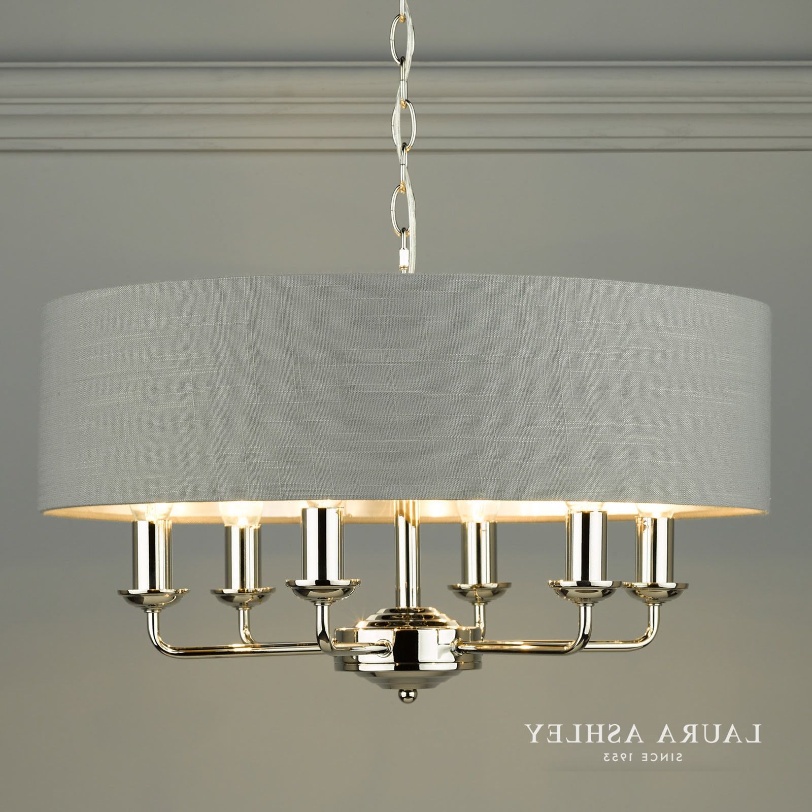 Well Liked Laura Ashley Sorrento Polished Nickel 6 Light Armed In Stone Grey With Brushed Nickel Six Light Chandeliers (View 9 of 15)