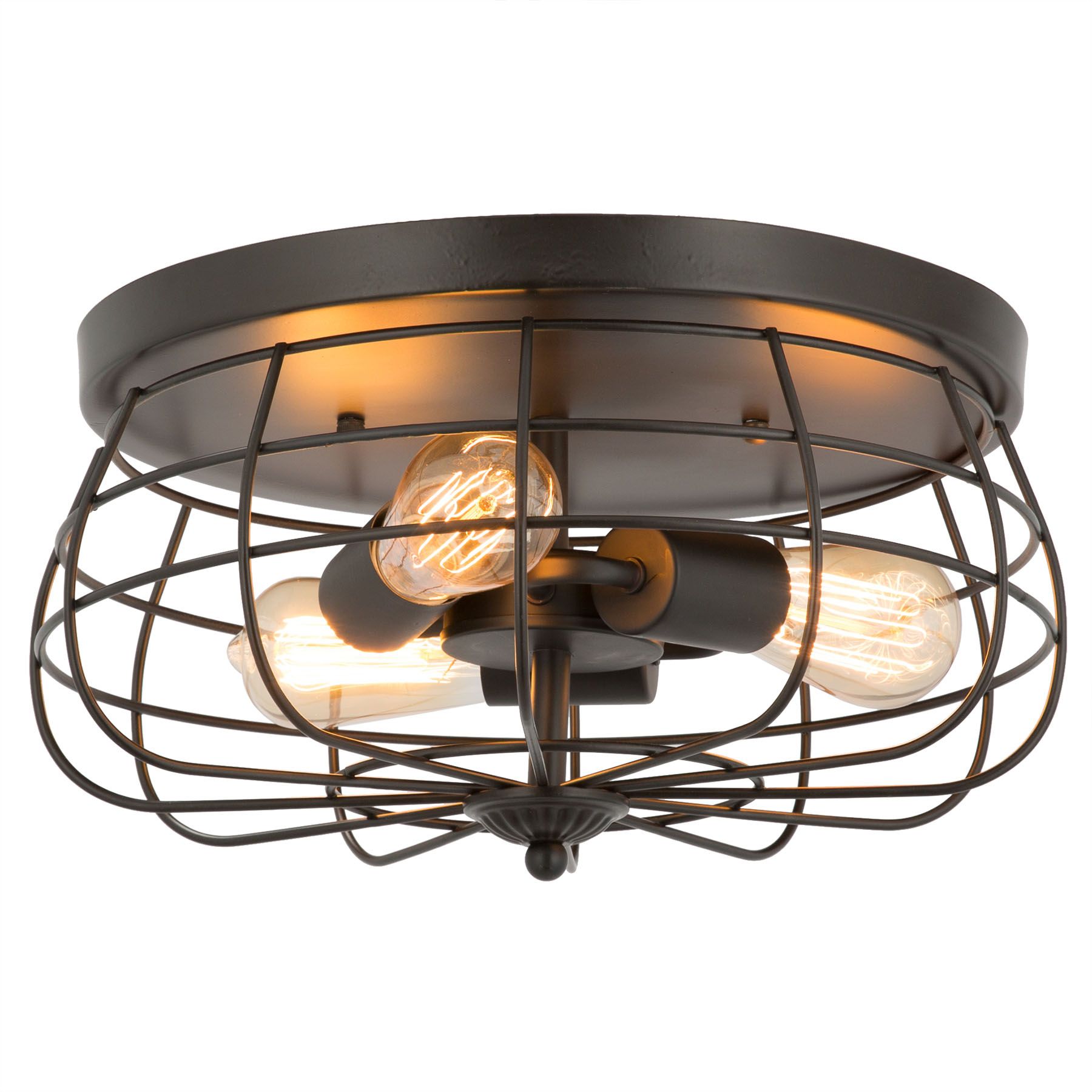 2019 15Inch Industrial 3 Light Vintage Metal Cage Flush Mount With Textured Glass And Oil Rubbed Bronze Metal Pendant Lights (View 15 of 15)