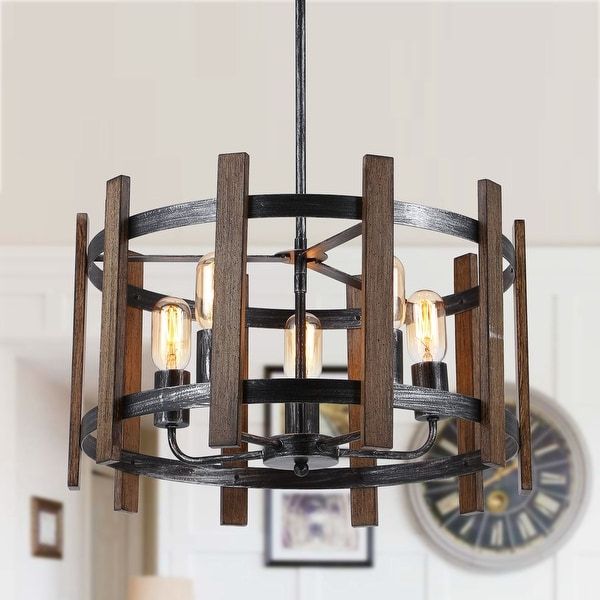 5 Light Distressed Black And Brushed Wood Drum Chandelier Intended For 2020 Distressed Cream Drum Pendant Lights (View 7 of 15)