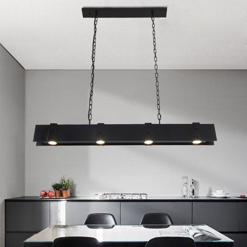 Brass And Black Led Island Pendant Within 2020 Luxury Rowen Black 4 Light Led Wood & Metal Linear Island (View 8 of 15)