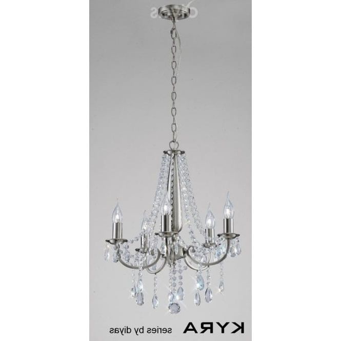 Diyas Il30975 Kyra Medium 5 Light Chandelier In Satin With Regard To Best And Newest Satin Nickel Crystal Chandeliers (View 13 of 15)