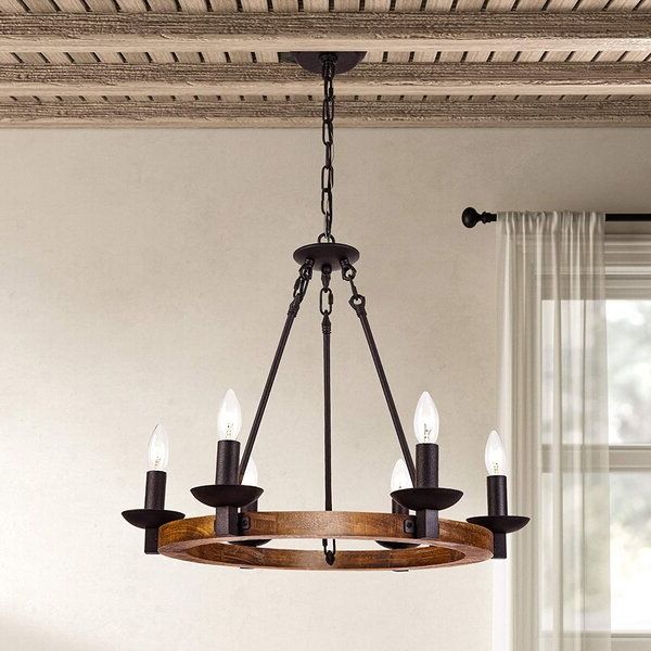 Gracie Oaks Farmhouse Wagon Wheel Chandeliers, 6 Light Within Most Current Black Wood Grain Kitchen Island Light Pendant Lights (View 5 of 15)