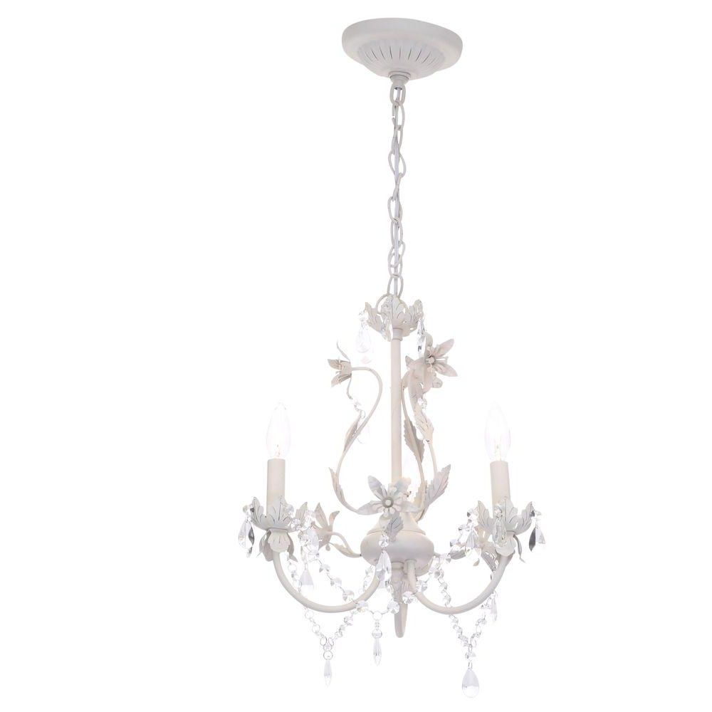 Hampton Bay Kristin 3 Light Antique White Hanging Mini Pertaining To Most Recently Released Walnut And Crystal Small Mini Chandeliers (View 4 of 15)