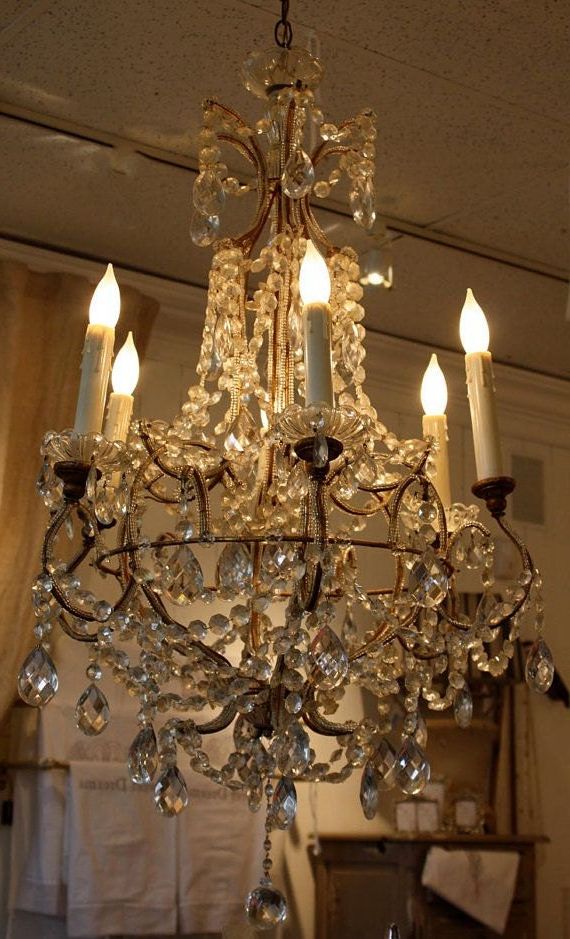 Italian Antique Style Brass 6 Arms Basket Chandelier Glass Pertaining To Preferred Antique Brass Crystal Chandeliers (View 9 of 15)