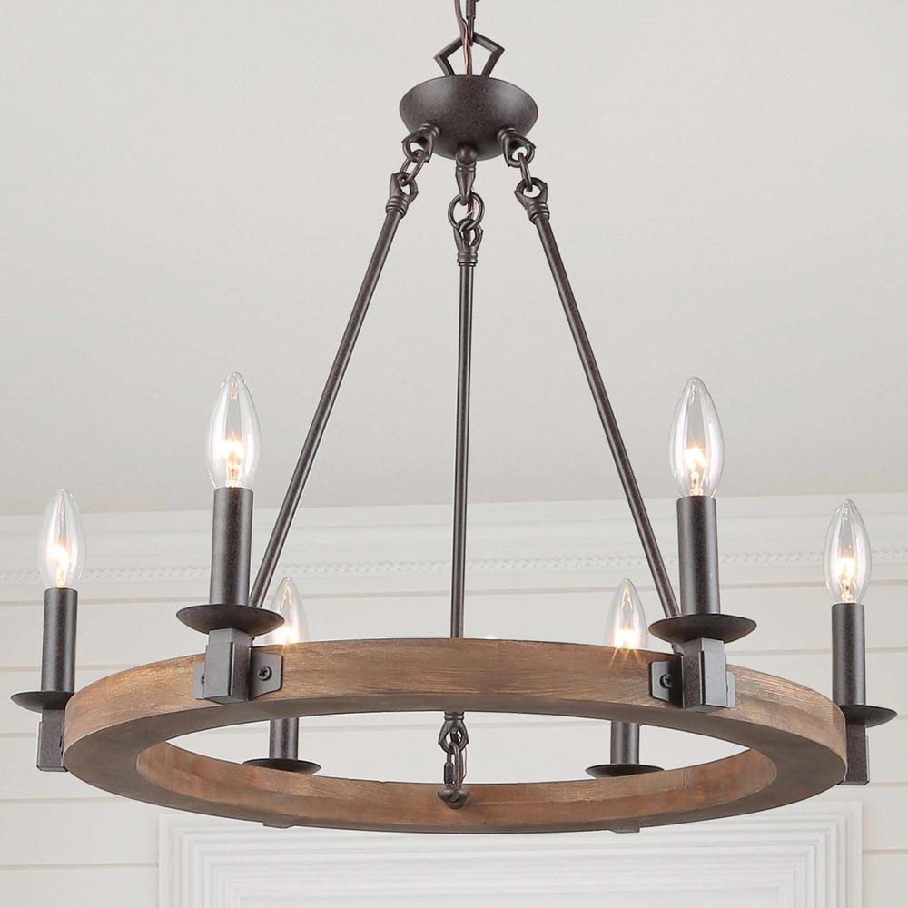 Lnc Hartisee Dining Room Adjustable Farmhouse 6 Light For 2019 Wood Ring Modern Wagon Wheel Chandeliers (View 11 of 15)