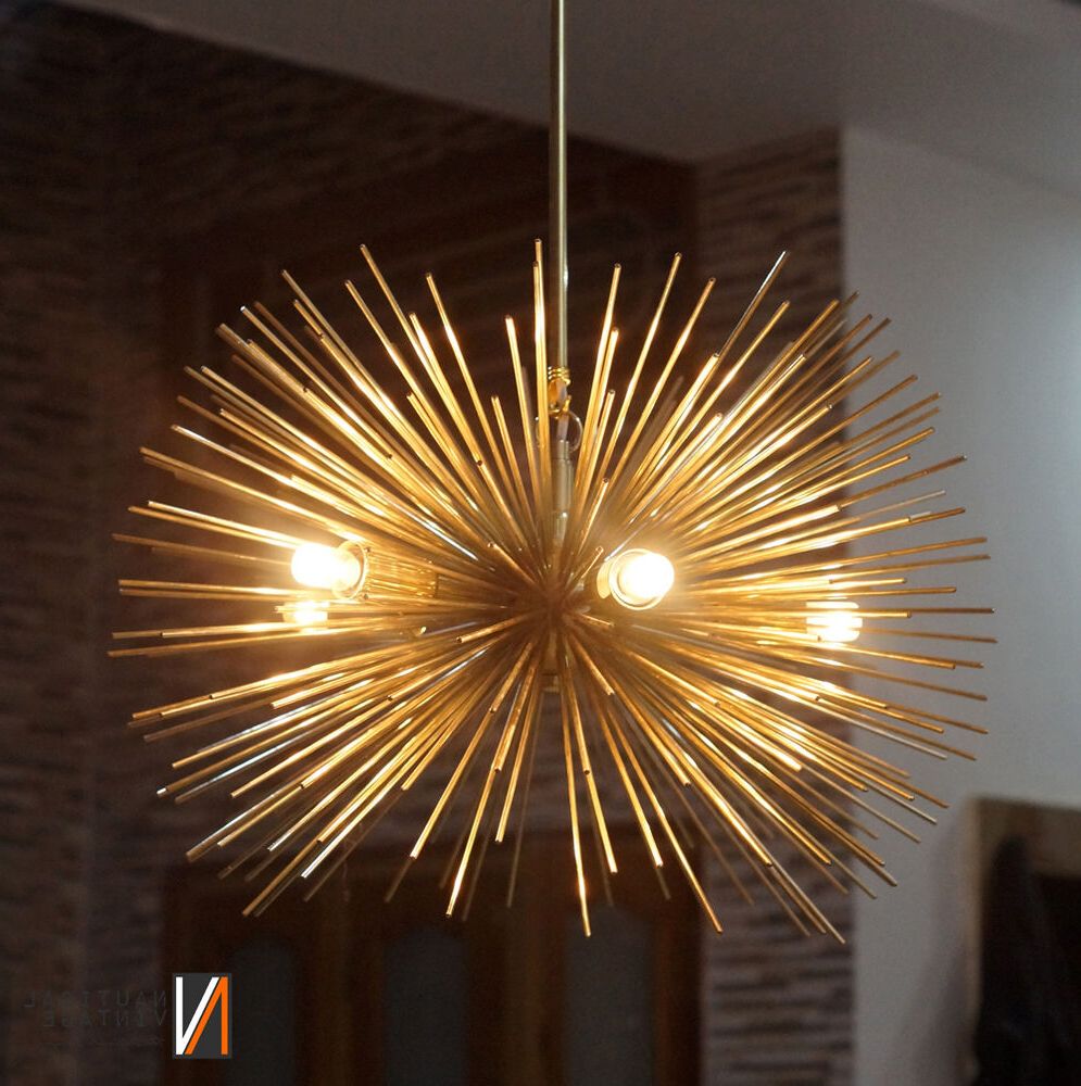 Mid Century 5 Bulbs Gold Brass Sphere Urchin Chandelier Inside Most Current Gold And Wood Sputnik Orb Chandeliers (View 14 of 15)