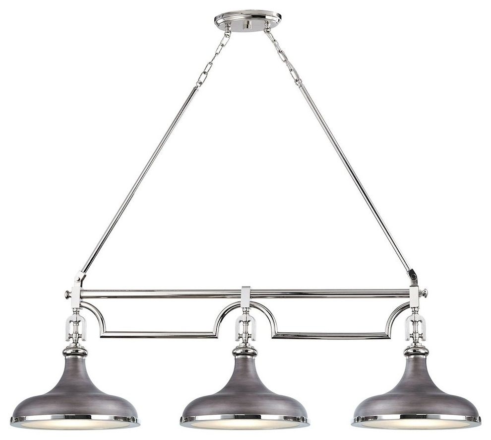 Most Up To Date Weathered Oak Kitchen Island Light Chandeliers With Rutherford 3 Light Island, Weathered Zinc, Polished Nickel (View 3 of 15)