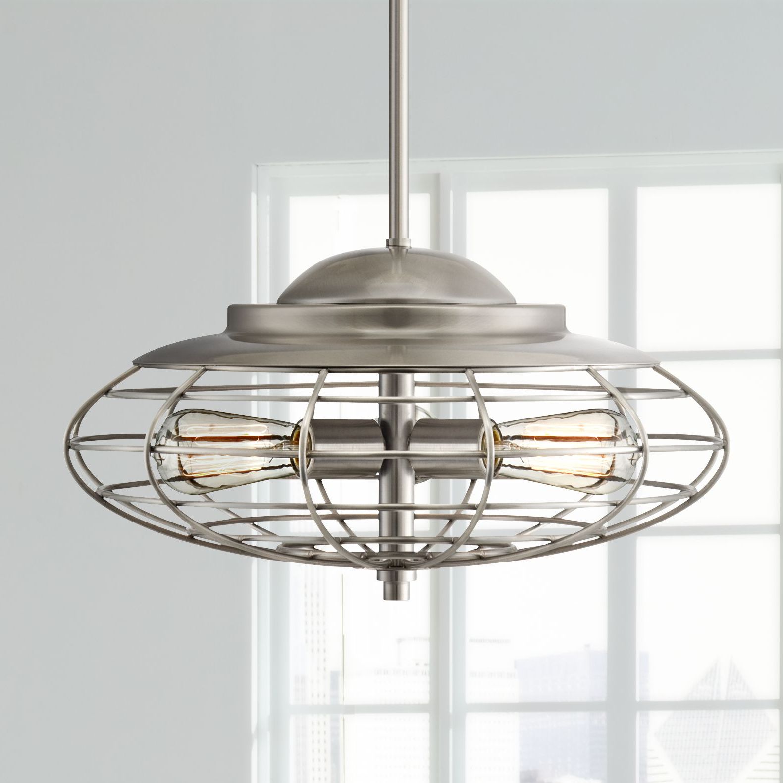 Newest Nickel Pendant Lights For Franklin Iron Works Metal Cage 18" Wide Brushed Nickel (View 1 of 15)