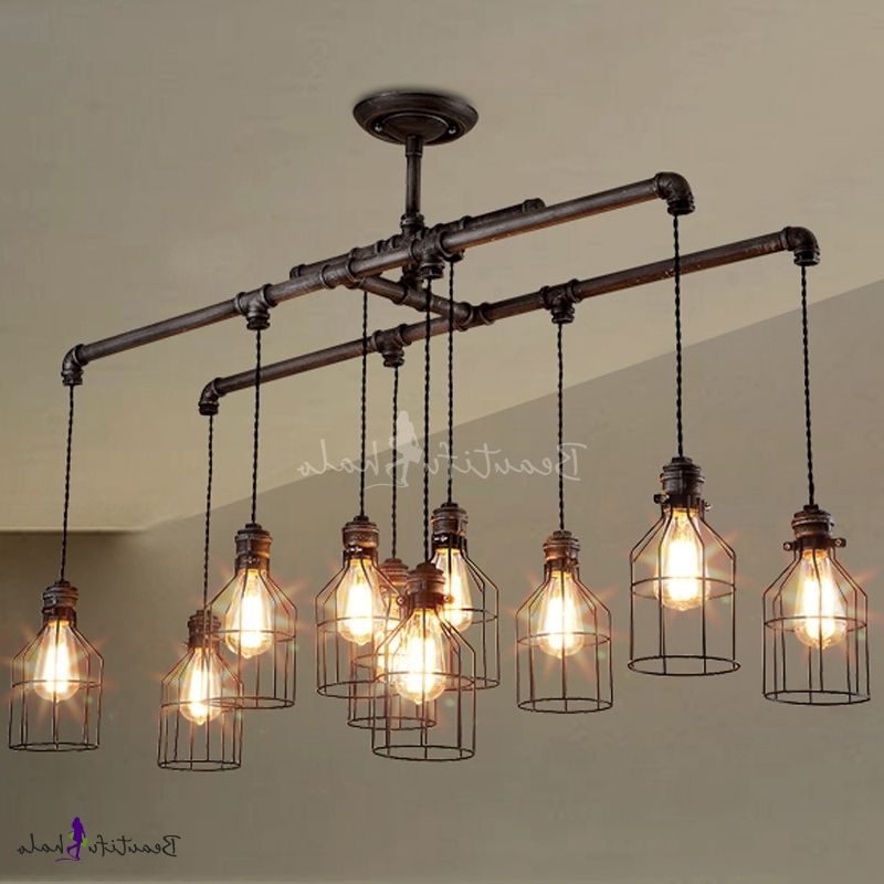 Newest Weathered Iron 10 Light Linear Chandelier With Bird Cage Within Weathered Oak Kitchen Island Light Chandeliers (View 7 of 15)