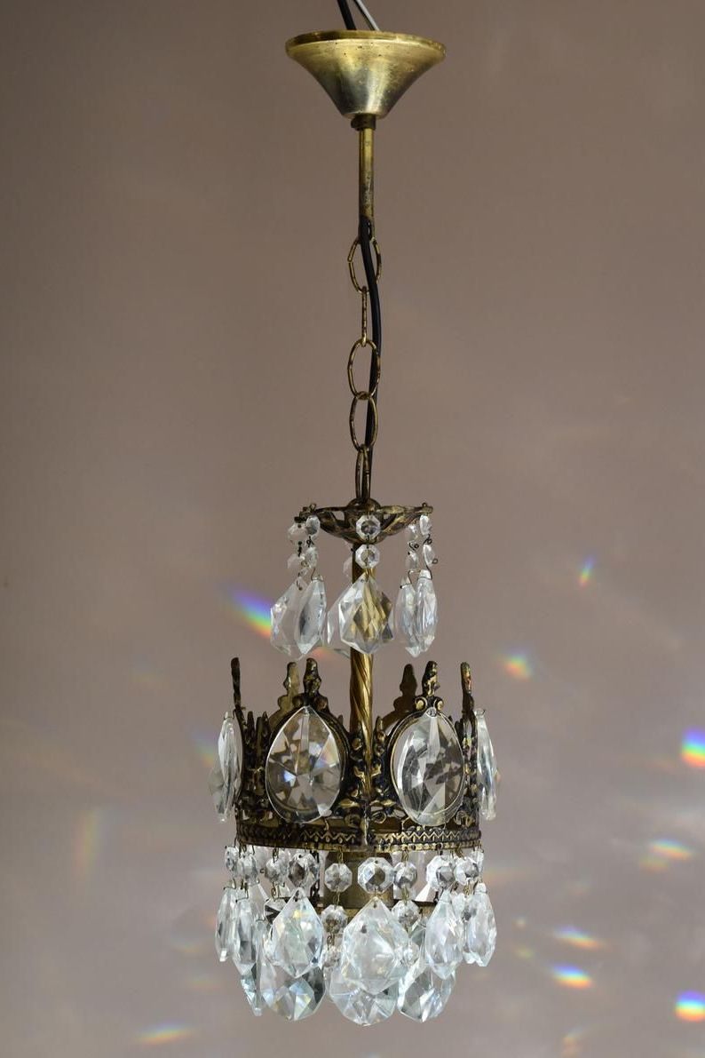 Petite Antique Brass Crystal Chandelier Vintage Mini Regarding Most Popular Antique Brass Crystal Chandeliers (View 11 of 15)