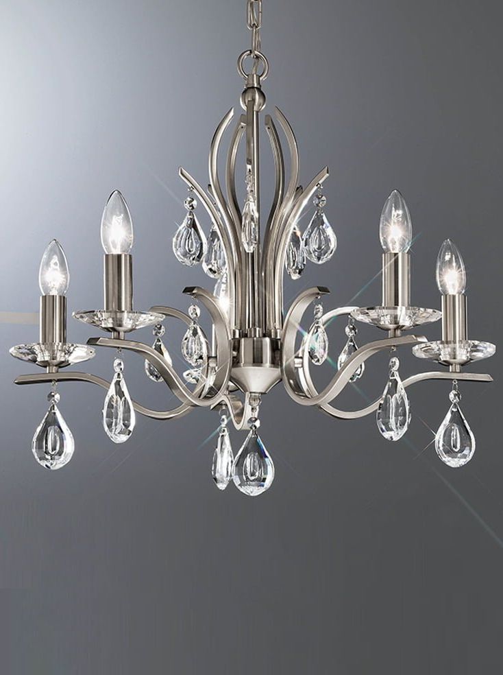 Satin Nickel Crystal Chandeliers With Regard To Famous Fl2298/5 Willow 5 Light Chandelier With Crystal Drops (View 9 of 15)